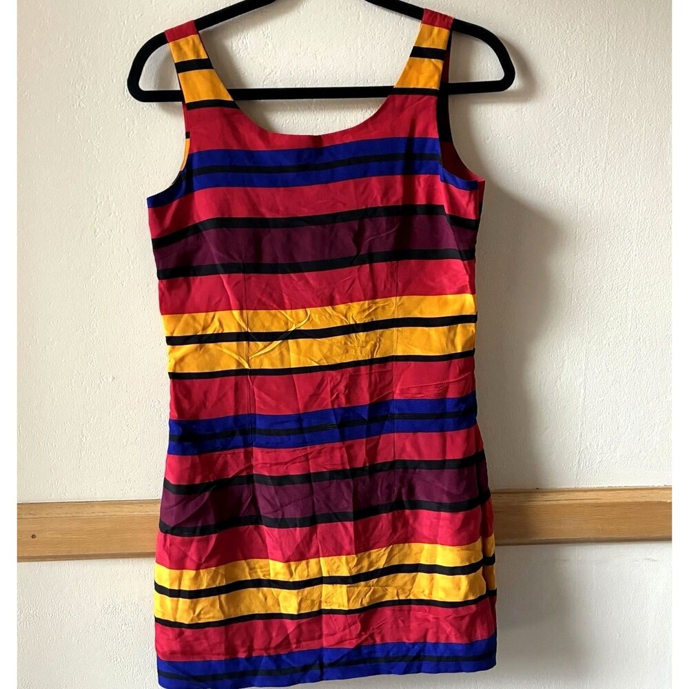 Vintage Art Pop Mod Revival Silk Mini Dress Multi Width Stripe Colorblock 90s Sm